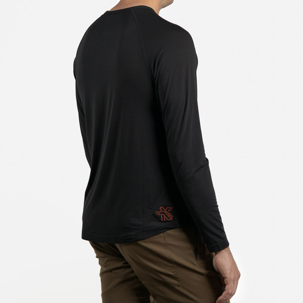 KETL Mtn Departed Featherweight Performance Henley Pocket Travel Tee - Men's Athletic Lightweight Packable Long Sleeve Shirt Black