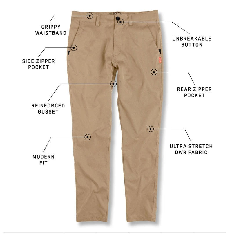 KETL Mtn Tomfoolery Travel Pants 34 Inseam: Stretchy, Packable, Casual Chino Style W/ Zipper Pockets - Khaki Men's