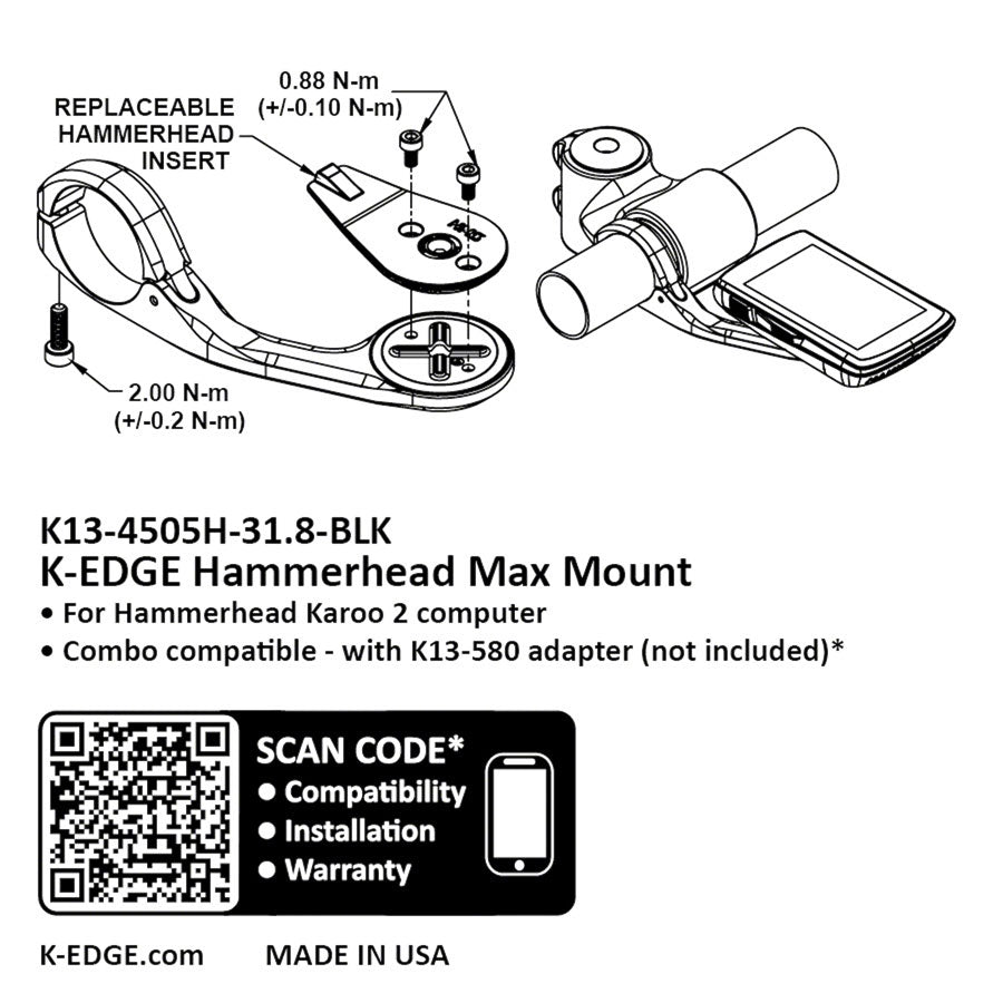 K-EDGE Hammerhead MAX XL Computer Mount - 31.8mm, Black Anodize Big Discount Online