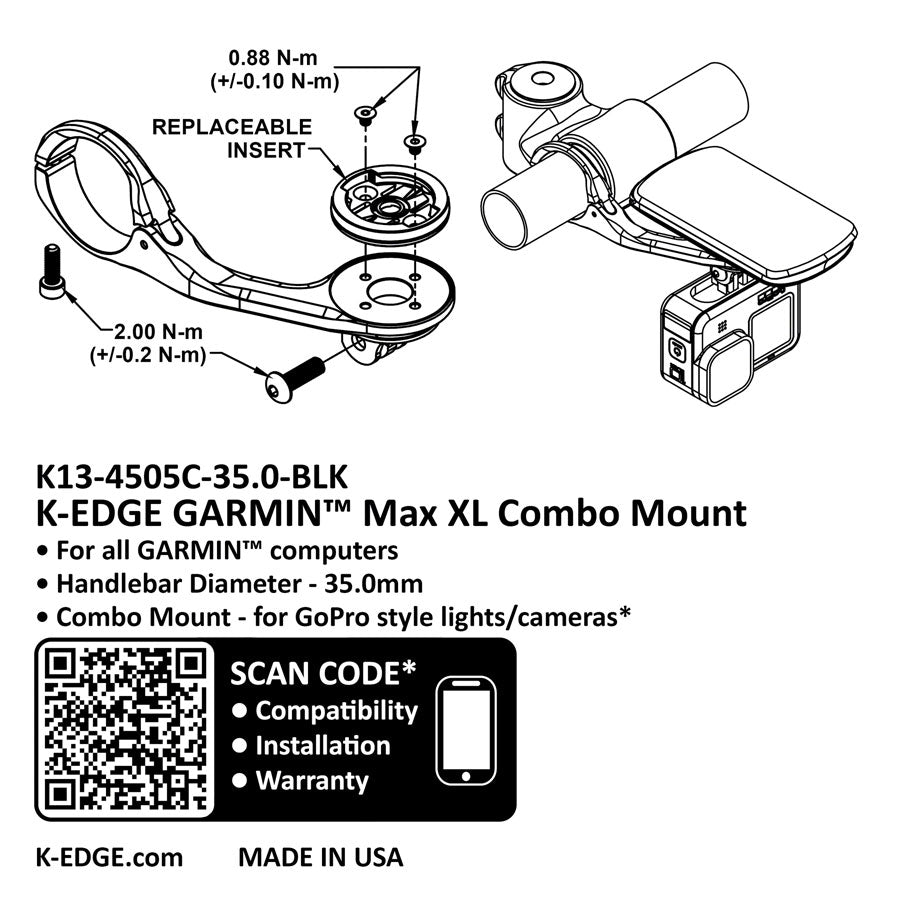 K-EDGE Garmin MAX XL Combo Mount - 35.0mm, Black Anodize Clearance Largest Supplier