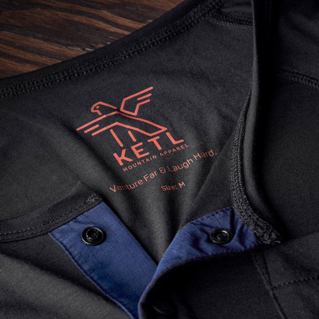 KETL Mtn Departed Featherweight Performance Henley Pocket Travel Tee - Men's Athletic Lightweight Packable Long Sleeve Shirt Black