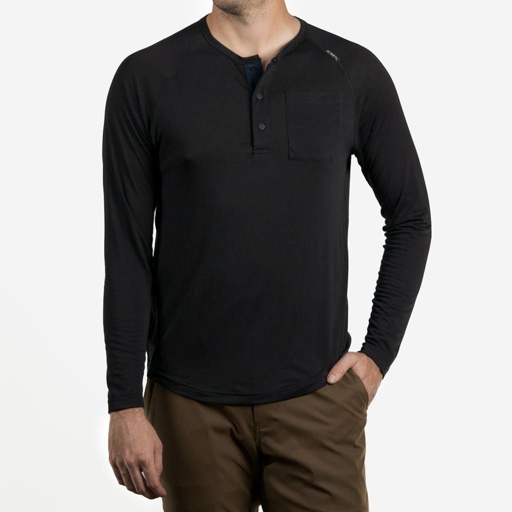 KETL Mtn Departed Featherweight Performance Henley Pocket Travel Tee - Men's Athletic Lightweight Packable Long Sleeve Shirt Black